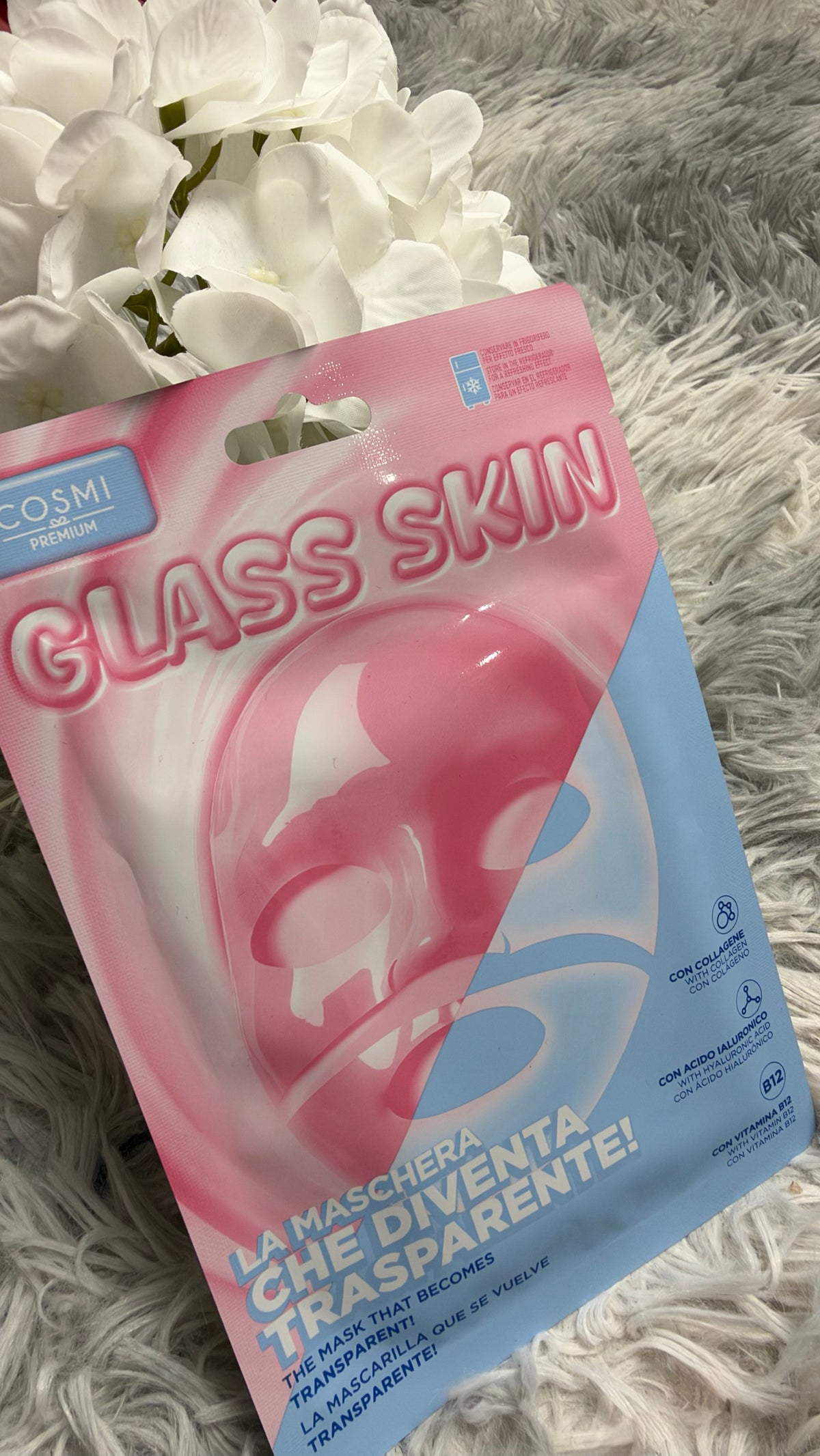 Maschera viso Glass Skin Cosmi Premium con collagene, acido ialuronico e vitamina B12