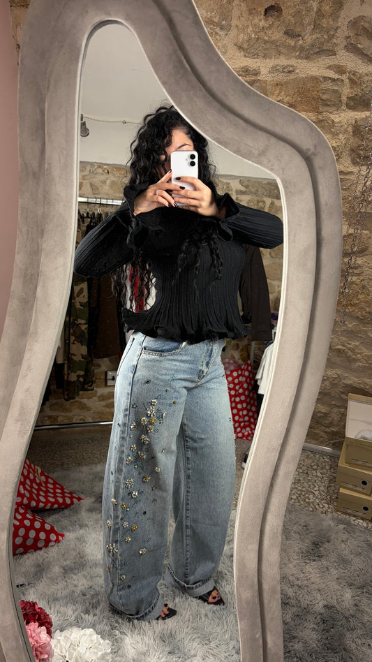Jeans wide leg chiari con fiori gioiello e strass - foto 1