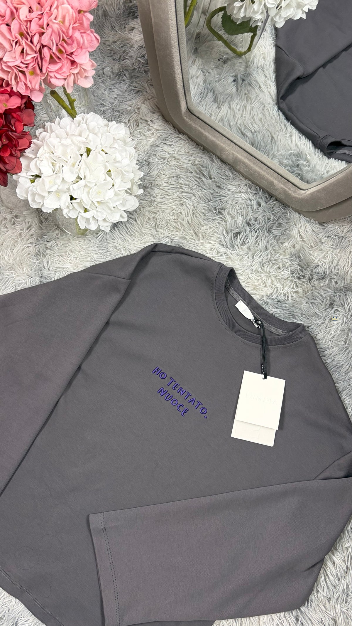 Felpa oversize grigia Lumina con ricamo viola, vista frontale