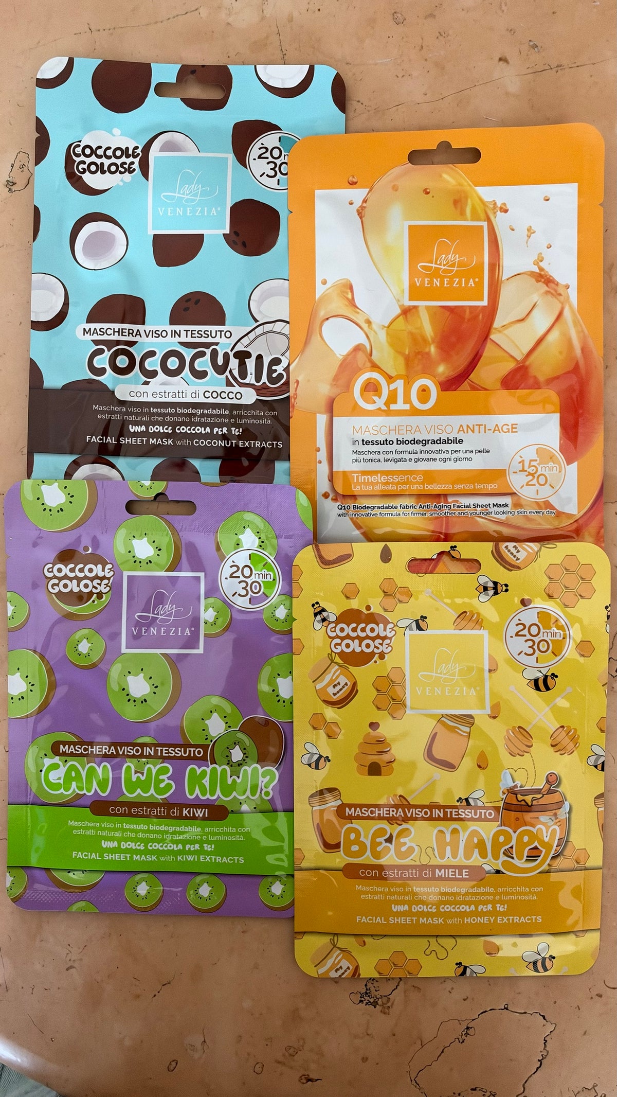 Maschere viso in tessuto Lady Venezia: cocco, kiwi, miele, Q10